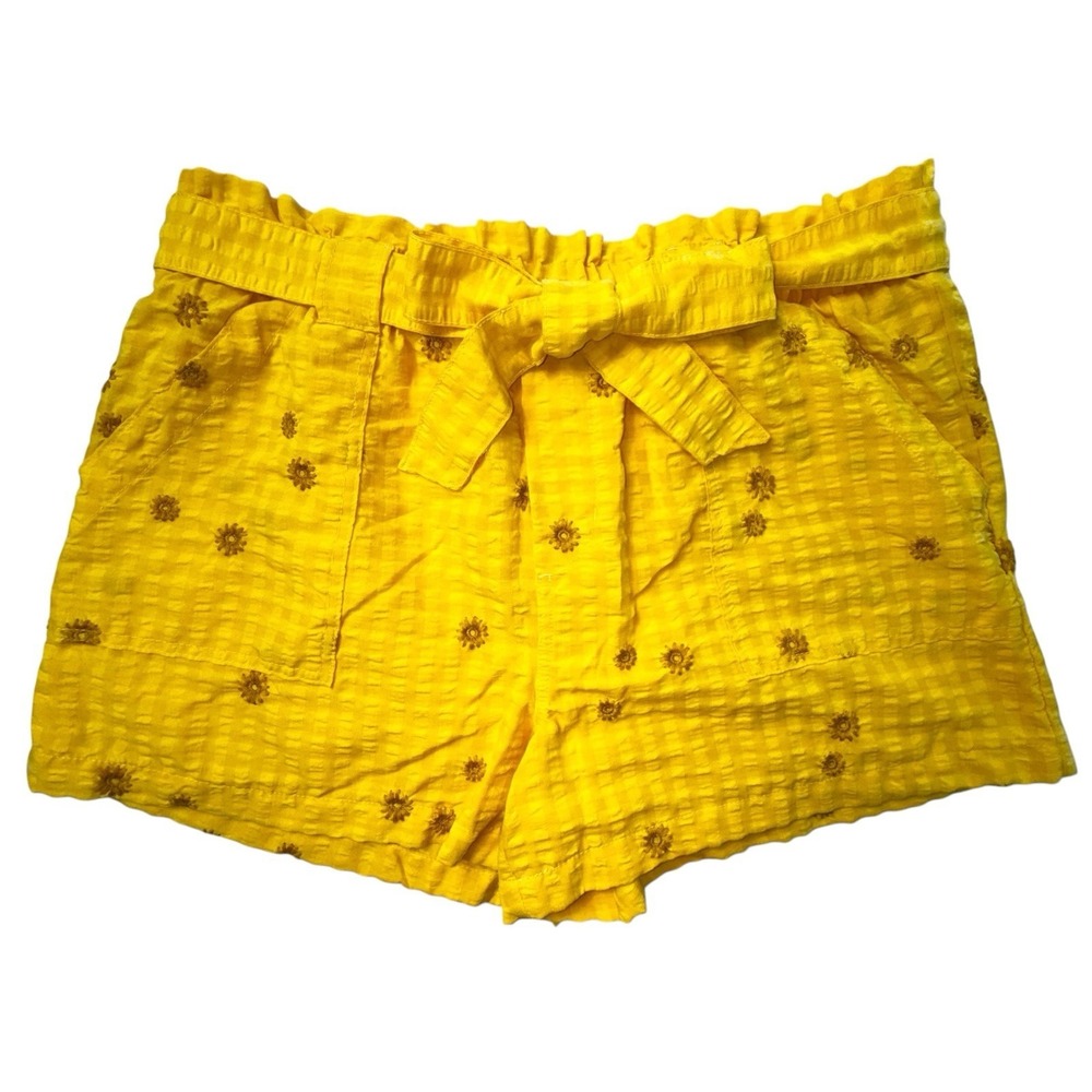 Time and Tru Shorts Women Yellow Gingham Embroidered Tie Waist Pockets Summer XL